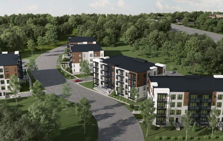 Vue aérienne d’un projet d’immeubles à revenus construit par Solico