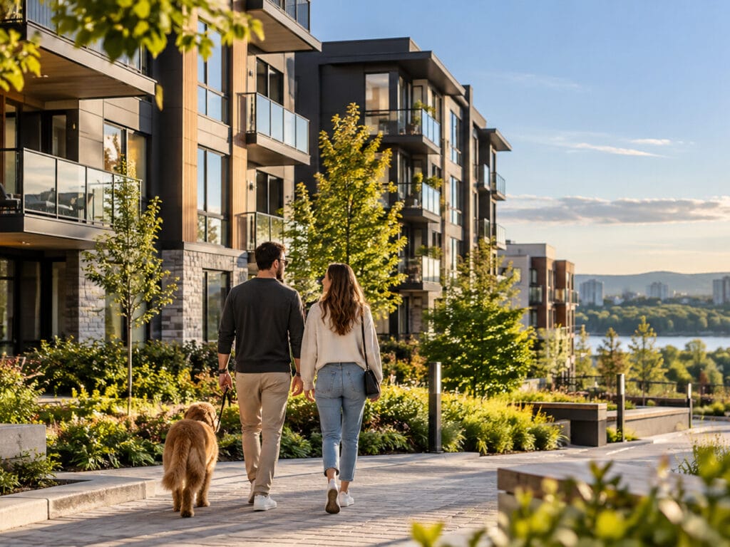 Couple walking their dog past apartments in Gatineau
